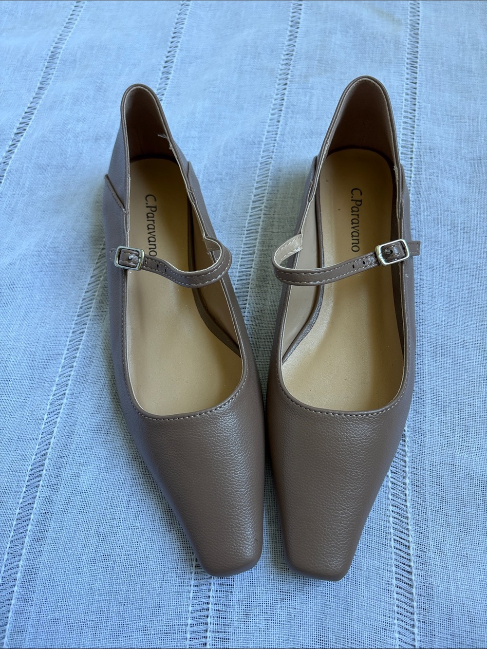 C. Paravanto Taupe Mary Jane Flats with Square Toe